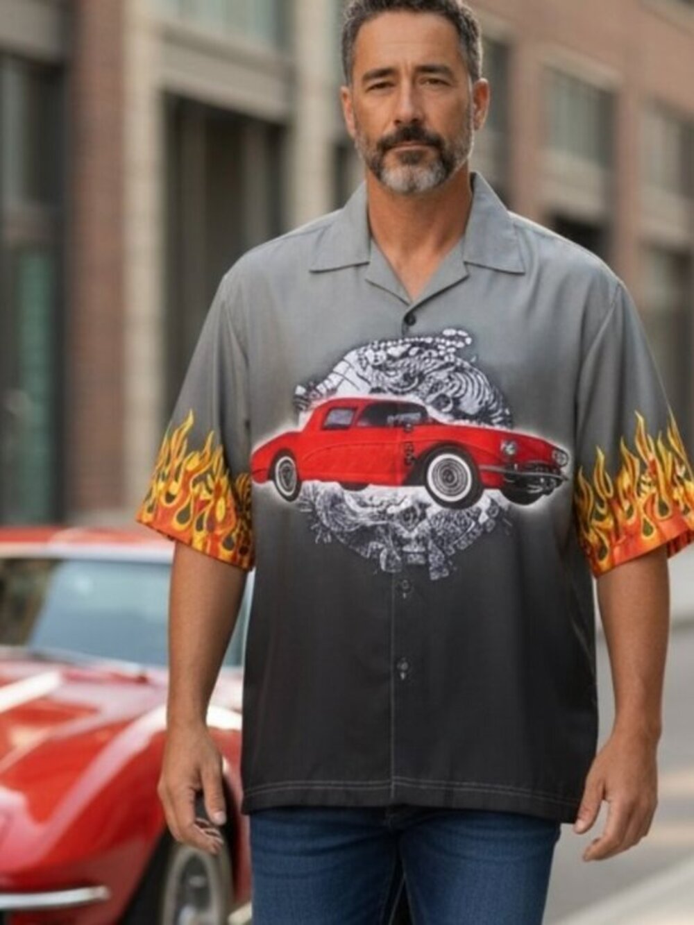 No Boundaries Button Up Shirt Men's XL Vintage Red Car Flames Tiger Short Sleeve